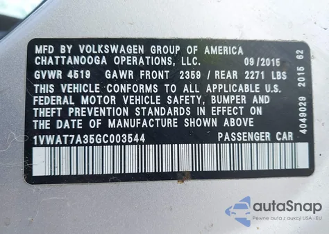 2016 Volkswagen Passat 1.8T S z USA, uszkodzony, nr VIN 1VWAT7A35GC003544